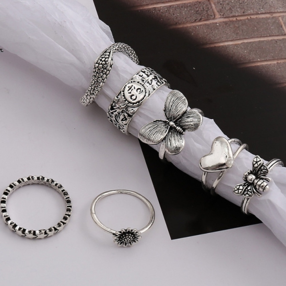 *EMBER* 7-Pc Silver x Butterfly Fashion Ring Set